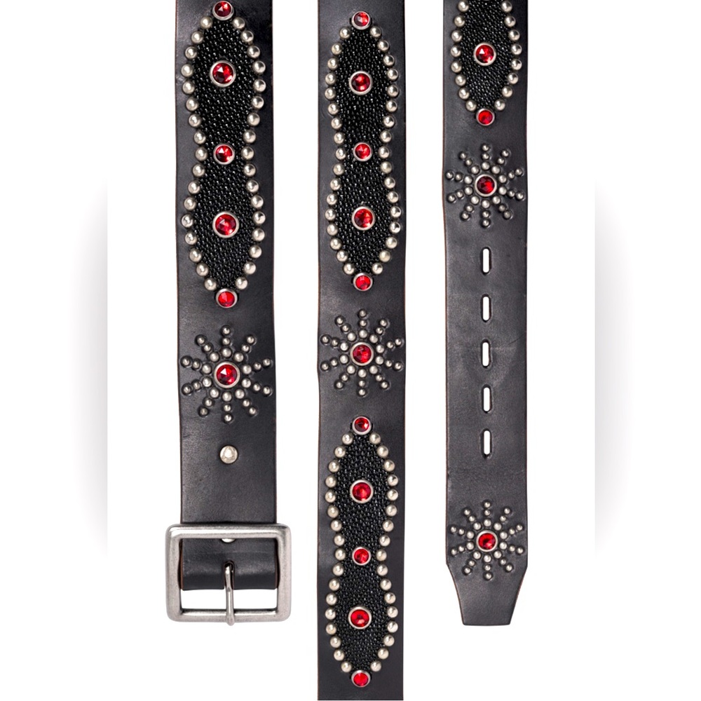 HTC Black Leather Red Crystal Jeweled Studded Stingray Peanut Rockabilly Belt 32 - Picture 3 of 10